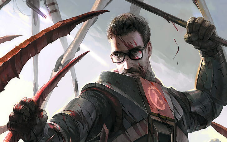 Half-Life Blood Glasses Гордон Фриман Рисование HD, человек с игровым приложением очков, видеоигры, рисование, жизнь, кровь, половина, очки, человек, Гордон, HD обои