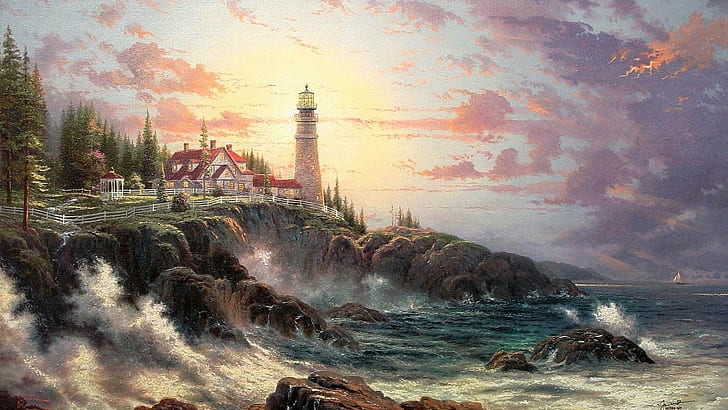 Lighthouse By Thomas Kinkade, thomas, picture, drawing, 2012, 3d and abstract, HD wallpaper