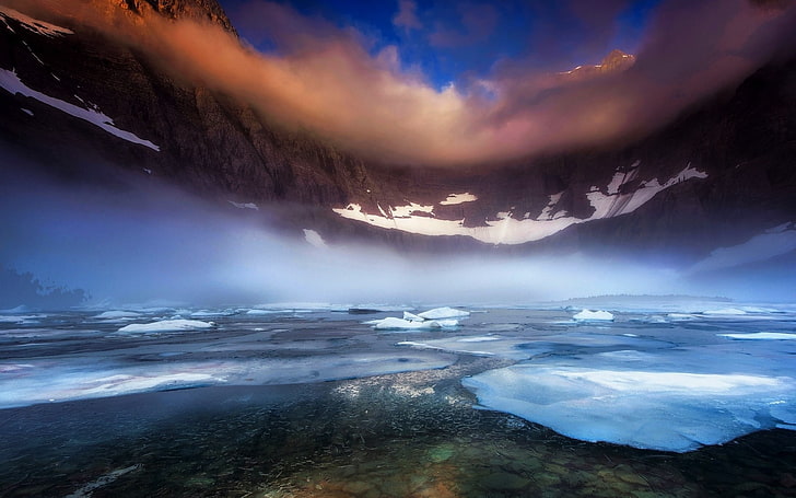 alam, pemandangan, danau, Taman Nasional Gletser, pagi, kabut, gunung, salju, es, salju, awan, Wallpaper HD