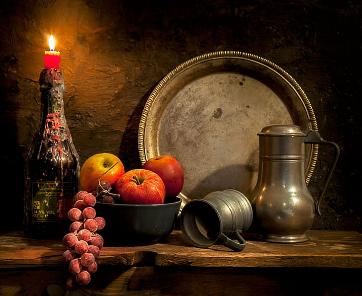 Photography, Still Life, Bottle, Candle, Cup, Fruit, Plate, Silver, HD wallpaper