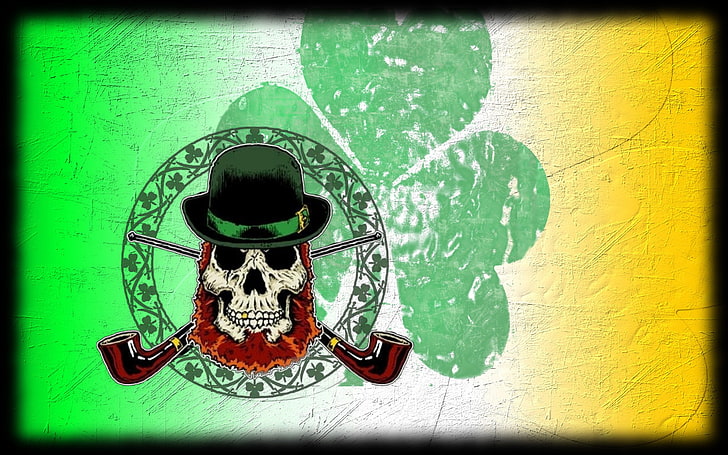 liść zielonej koniczyny, czaszka z czarną ilustracją melonika, czaszka, Shamrock, Irlandia, Tapety HD