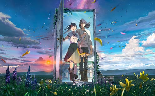 Suzume no Tojimari, Makoto Shinkai, CoMix Wave, anime, coppia di anime, illustrazione, Sfondo HD HD wallpaper