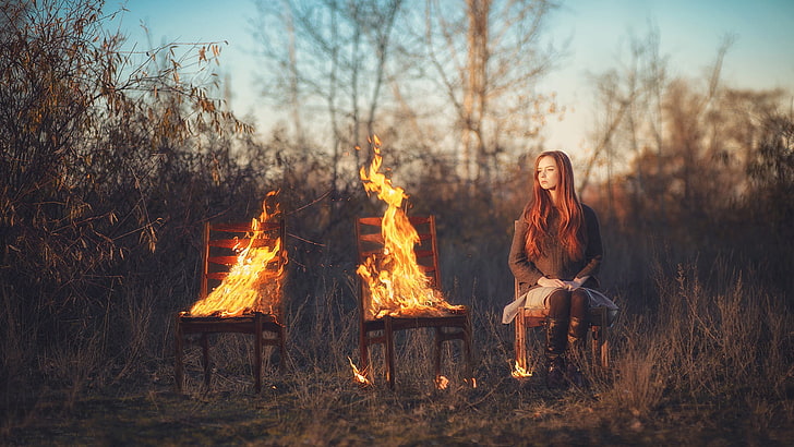 api, kursi, duduk, wanita di luar ruangan, wanita, Wallpaper HD