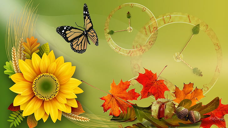 Sunflower For Fall, firefox persona, time, fall, clocks, leaves, green, butterfly, chestnuts, sunflower, light, autumn, HD wallpaper