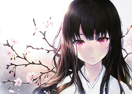 anime, cheveux noirs, vêtements japonais, fleurs, yeux roses, fleur de cerisier, cheveux longs, kimono, Fond d'écran HD HD wallpaper