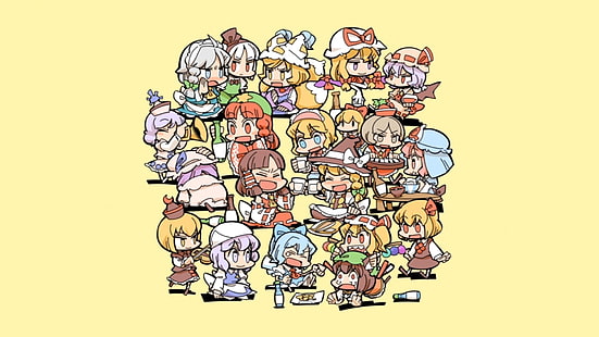 Illustration des personnages du projet Touhou, Touhou, Cirno, Hakurei Reimu, Kirisame Marisa, Remilia Scarlet, chibi, Fond d'écran HD HD wallpaper