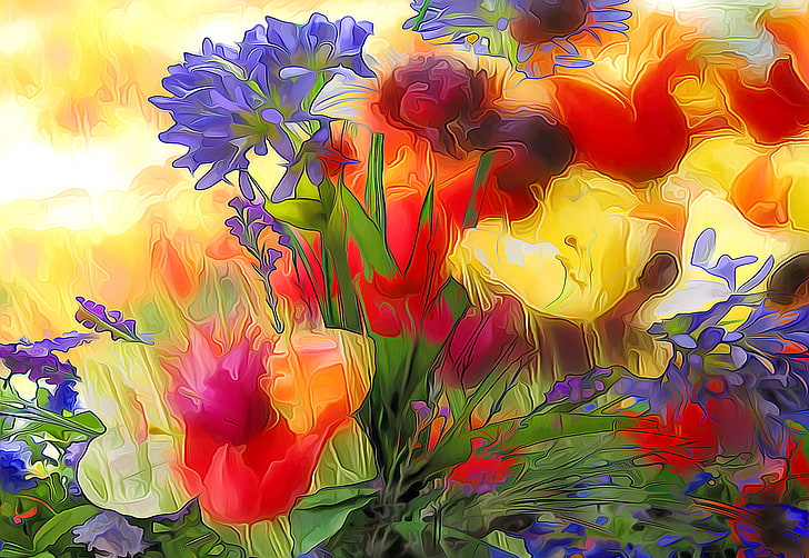 blue, red, and yellow flowers painting, line, flowers, petals, garden, flowerbed, HD wallpaper