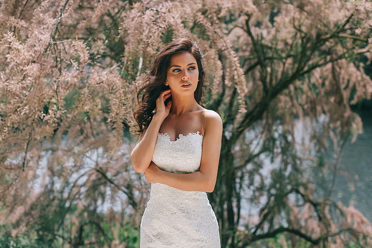 Aurela Skandaj, wanita, model, gaun putih, memalingkan wajah, potret, Wallpaper HD
