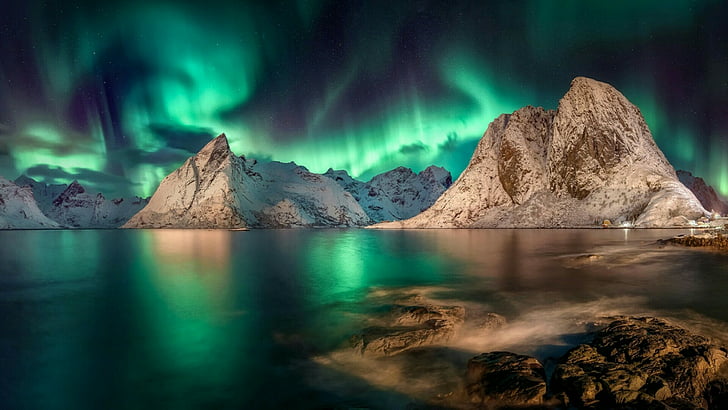 пейзаж, полярни светлини, северно сияние, ринефьорд, Норвегия, лофотен, хамной, скала, фиорд, северно сияние, планина, вода, явление, сияние, атмосфера, небе, природа, HD тапет