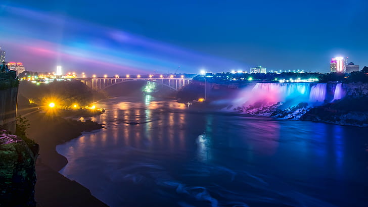 Niagarafälle, Wasserfall, Fluss, Lichter, Landschaft, Glühen, Nacht, Brücke, Neon, Cyan, Rosa, Blau, Neonglühen, Stadtlichter, Bewegungsunschärfe, bunt, HD-Hintergrundbild