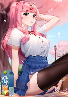аниме момичета, Doki Doki Literature Club, Natsuki (Doki Doki Literature Club), Sasoura, черни бедра, пола, розова коса, HD тапет HD wallpaper
