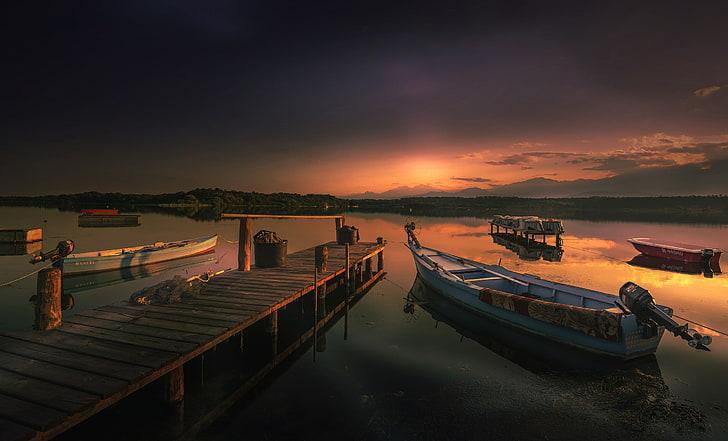 blaues hölzernes Kanu, Brücke, Fluss, Boote, HD-Hintergrundbild