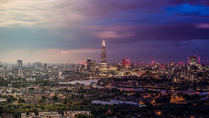 London, Stadtbild, Lichter der Stadt, Skyline, die Scherbe, Himmel, Vereinigtes Königreich, Metropole, Turm, Wolkenkratzer, Europa, Horizont, Dämmerung, Themse, Abend, HD-Hintergrundbild