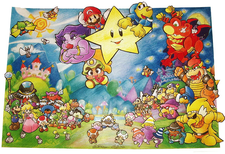 Paper Mario!, paper mario thousand year door, yoshi, koops, vivian, stars, paper mario, goombella, bowser, video g, HD wallpaper