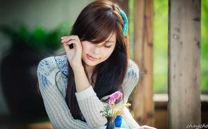Asia Beauty, women's gray and blue crochet long-sleeved top, Girls, Girl, Beautiful, Asia, Beauty, Gorgeous, Asian, HD wallpaper