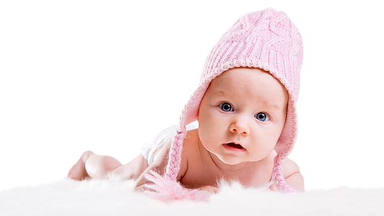 chapeau de rabat d'oreille en tricot rose pour bébé, enfance, humeur, enfant, heureux, bébé, grands beaux yeux bleus, grands beaux yeux bleus, petite fille, Fond d'écran HD HD wallpaper