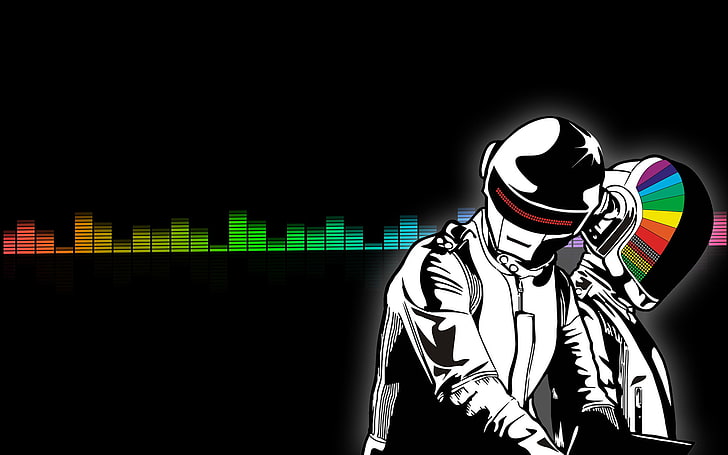 dwie postacie w grafice wektorowej hełmu, Daft Punk, muzyka, muzyka house, dubstep, techno, drum and bass, DJ, Brian Dessert, czarne tło, Tapety HD