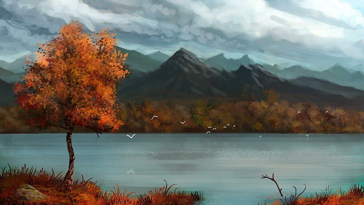 Paintings Art Landscapes Lakes Mountains Sky Clouds Tree Forest Autumn Fall Free Desktop Background, lakes, autumn, background, clouds, desktop, fall, forest, landscapes, mountains, paintings, tree, HD wallpaper