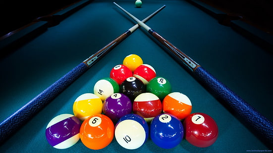 billiard ball set and pool cue sticks, pool table, billiard balls, billiards, HD wallpaper HD wallpaper