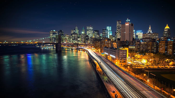 мост, Бруклин, градове, град, изток, нов, нощ, река, небостъргач, САЩ, Йорк, HD тапет