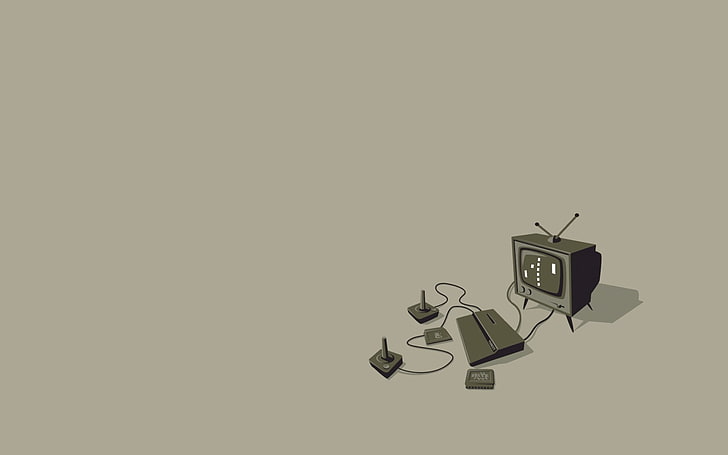 Телевизор CRT и игровой набор Atari, мультфильм, минимализм, телевизор, консоль, HD обои