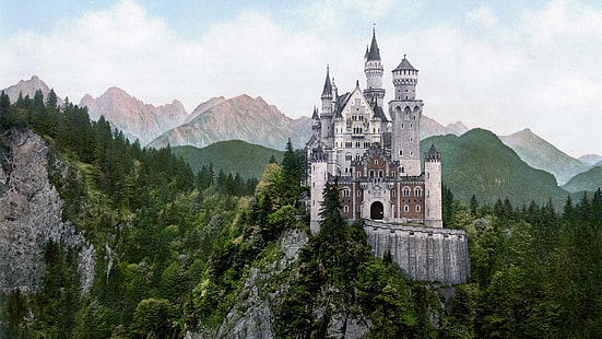 城、ノイシュヴァンシュタイン城、ノイシュヴァンシュタイン、山、本物の騎士、 HDデスクトップの壁紙 HD wallpaper