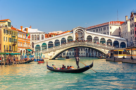 black boat illustration, bridge, building, Italy, Venice, channel, gondola, The Grand canal, The Rialto Bridge, Grand Canal, Rialto Bridge, HD wallpaper HD wallpaper