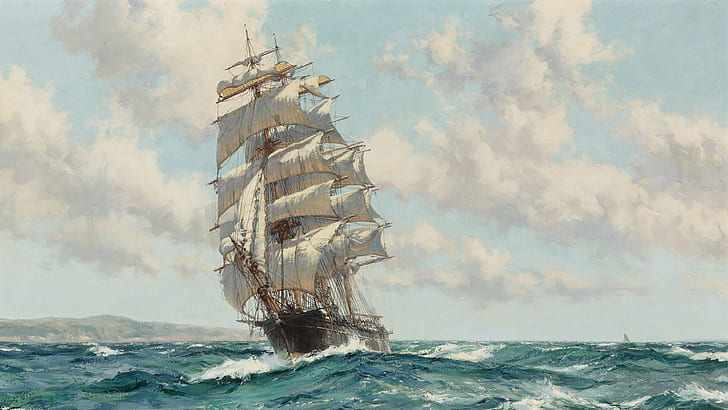 hav, våg, fregatt, oljemålning, segelfartyg, HD tapet