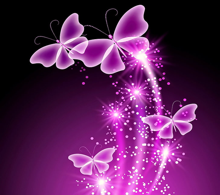 wallpaper kupu-kupu ungu, kupu-kupu, abstrak, cahaya, neon, ungu, berkilau, kupu-kupu, Wallpaper HD