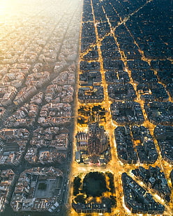 wysokie budynki, architektura, budynek, pejzaż miejski, Barcelona, ​​Hiszpania, wyświetlanie portretów, ulica, podzielony widok, widok z lotu ptaka, światło słoneczne, noc, Tapety HD HD wallpaper
