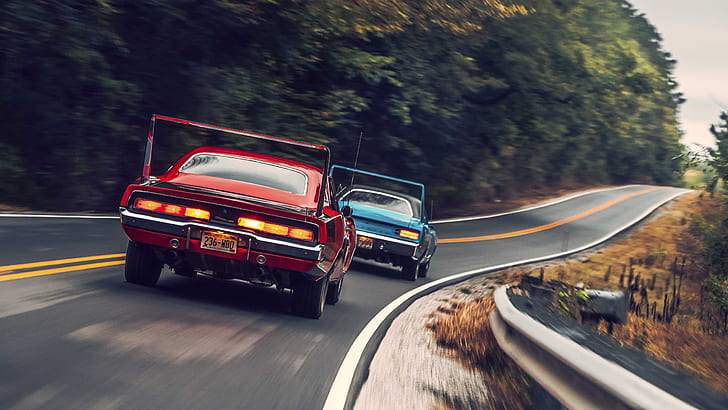 Dodge Charger Daytona, Plymouth Superbird, carretera, luces traseras, muscle cars, Nascar, coche clásico, Fondo de pantalla HD