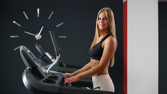 treadmills, smiling, blonde, clocks, gyms, fitness model, women, HD wallpaper HD wallpaper