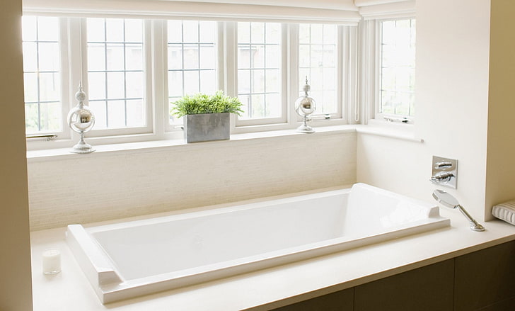 white bath tub, bathroom, window, style, interior, HD wallpaper