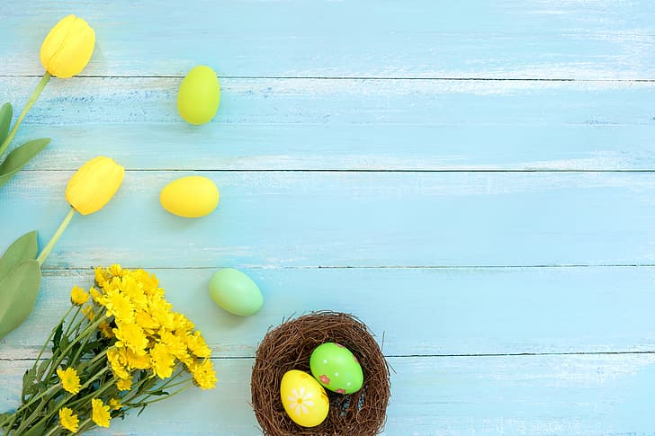 flowers, basket, eggs, spring, colorful, Easter, wood, decoration, Happy, tender, HD wallpaper