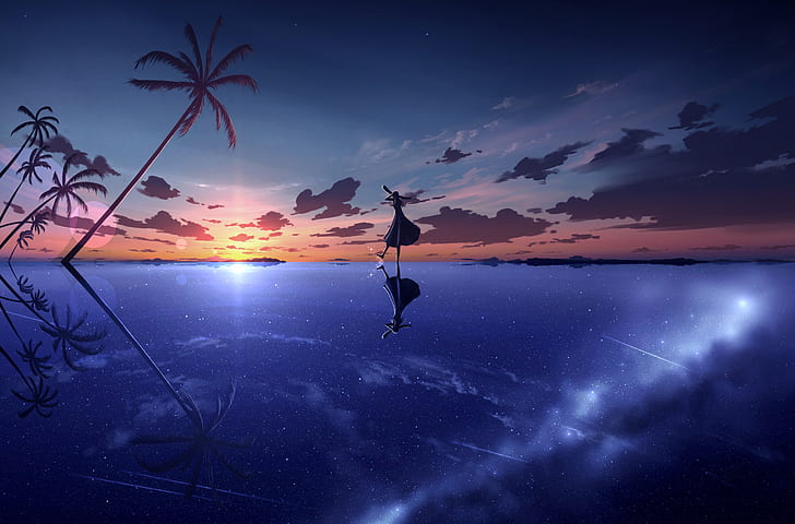 Anime, oryginał, dziewczyna, morze, niebo, zachód słońca, drzewo, Tapety HD