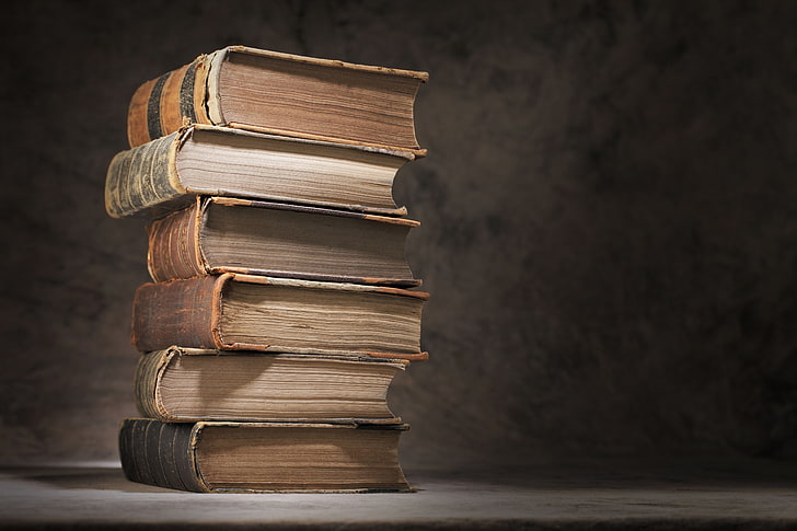 brown books, macro, table, books, blur, stack, vintage, bokeh, chic, knowledge, wallpaper., tomes, and ignorance is darkness, knowledge is light, grey background, HD wallpaper