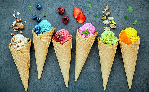  berries, ice cream, nuts, sweet, dessert, pistachios, waffle cone, HD wallpaper HD wallpaper