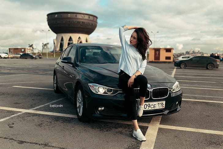 machine, auto, girl, pose, BMW, on the hood, Parking, Belavin, Alexander Belavin, HD wallpaper