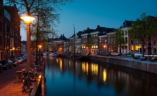 Groningen Canal, estacionamento de bicicletas e carros, Europa, Holanda, Canal, Groningen, HD papel de parede HD wallpaper