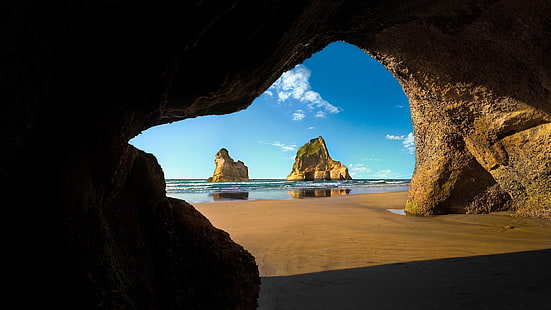 orilla del mar, arena, arena, rocas, cueva, vista, Fondo de pantalla HD HD wallpaper