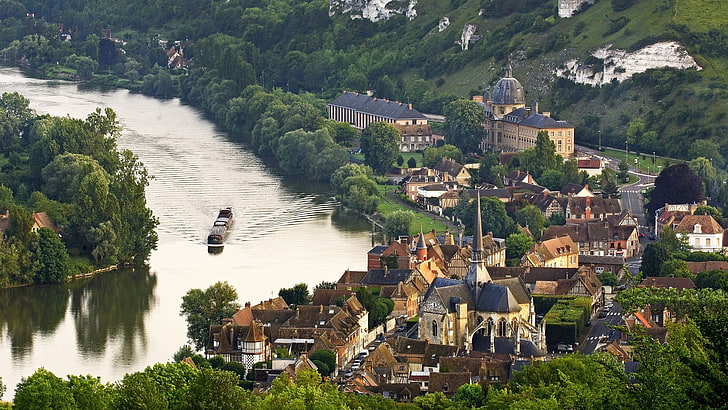 village and river, normandy, france, valley, top view, river, HD wallpaper