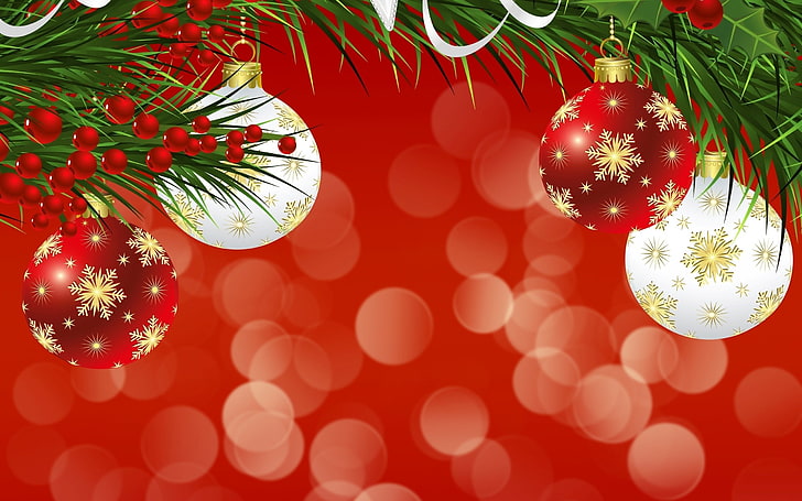 червена и бяла илюстрация на фенечка, Коледа, Нова година, коледни орнаменти, боке, HD тапет
