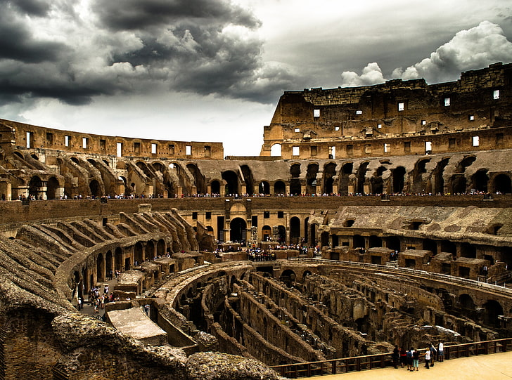 Cloudy Colosseum, brown arena, Europe, Italy, colosseum, rome, travel, cloudy, dramatic, sky, historical, roman, amphitheater, HD wallpaper