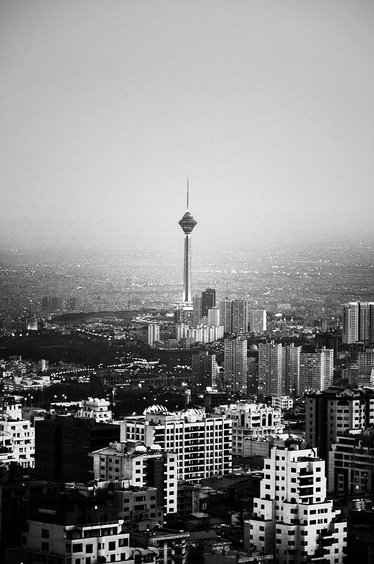 gråskalefotografering av torn, Iran, Teheran, stad, Milad Tower, torn, HD tapet, telefon tapet
