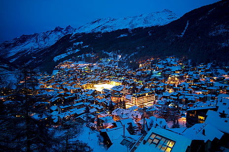 Церматт, снег, Альпы, пейзаж, огни, горы, Швейцария, ночь, огни города, HD обои HD wallpaper