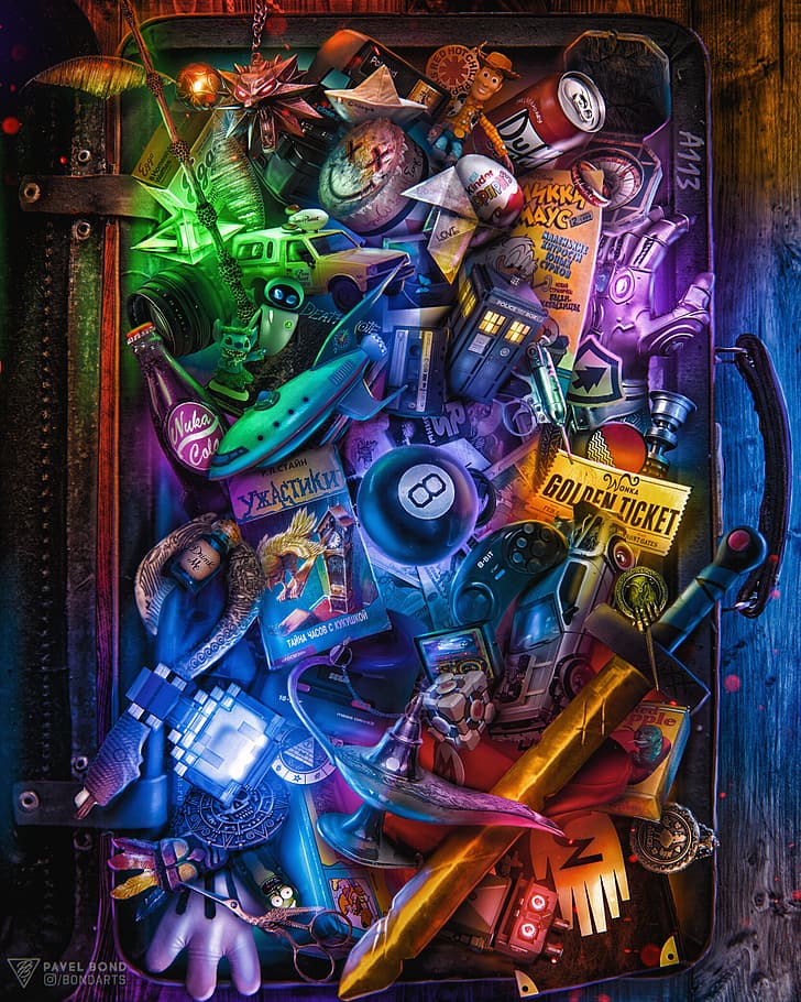 Pavel Bondarenko, boxes, toys, 8-ball, sword, messy, glowing, colorful, suitcase, HD wallpaper