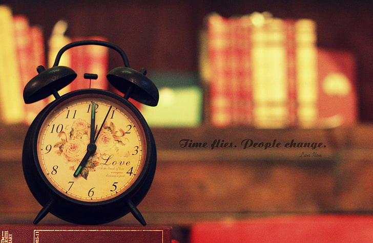 Time Flies, black alarm clock with text overlay, Vintage, Clock, HD wallpaper