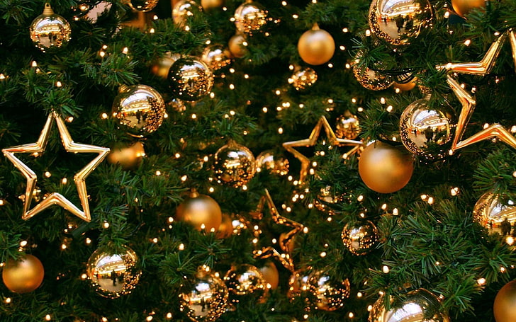 Christmas gold star balls decorations 2018 New Yea.., HD wallpaper