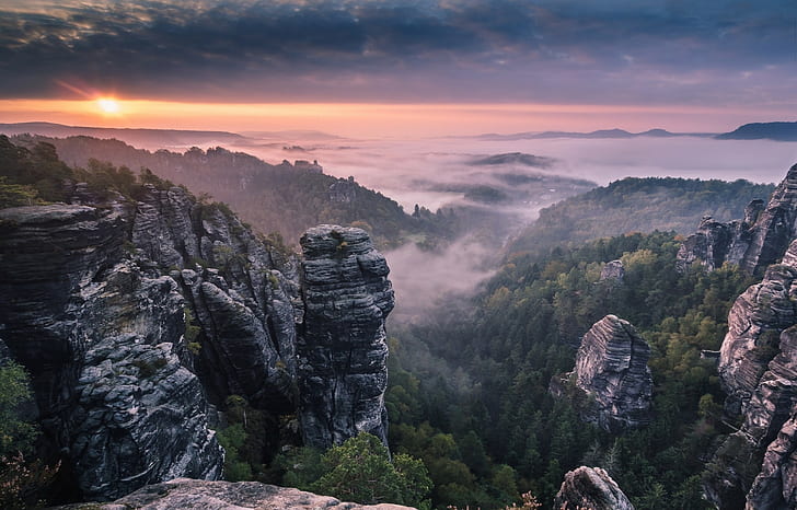 природа, пейзаж, Германия, мъгла, скала, гора, облаци, небе, HD тапет