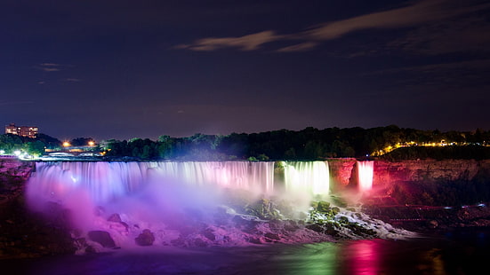 водопады, водопад, огни, озеро, река, Ниагарский водопад, HD обои HD wallpaper